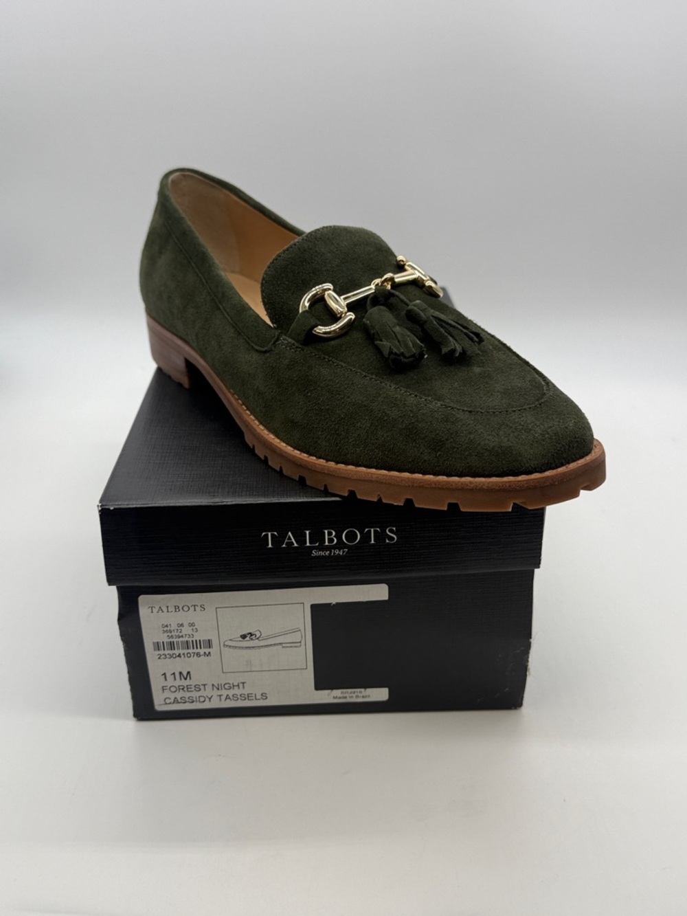 Talbots Olive Green Suede Tassel Loafers with Gold Bit